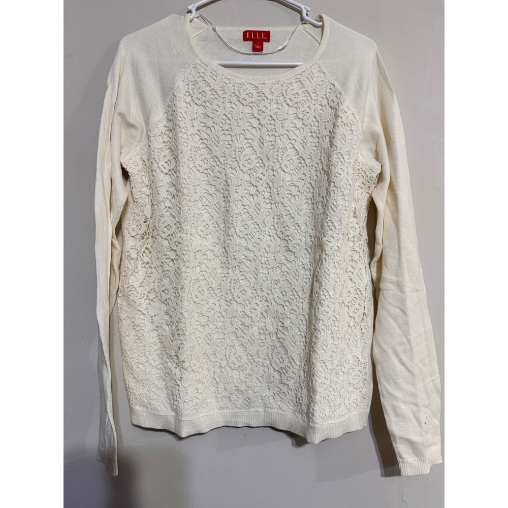 ELLE Cream Lace Front Knit Sweater‎ Crew Neck Women's Size L Romantic Feminine